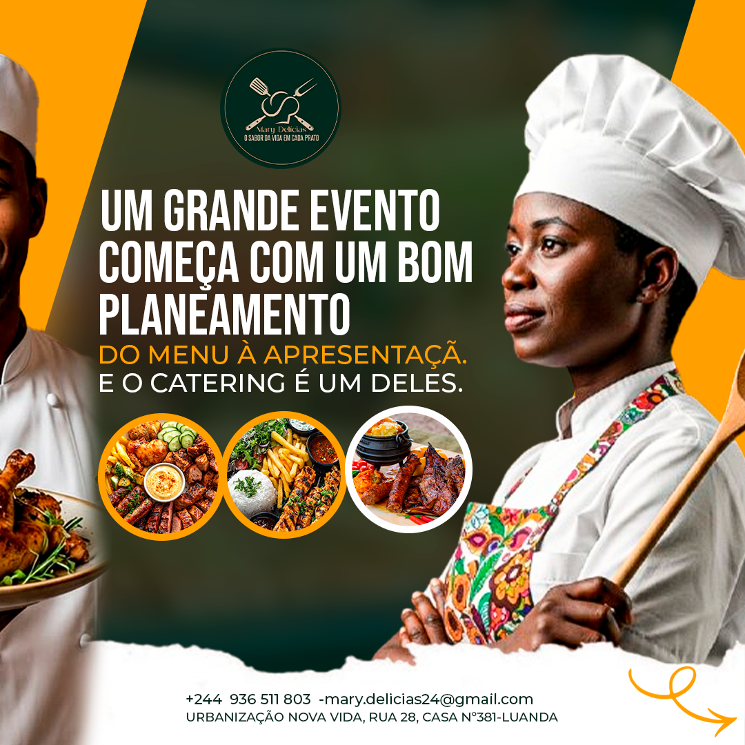 Chef da MARY DELÍCIAS com colher de pau, catering e buffet em Luanda